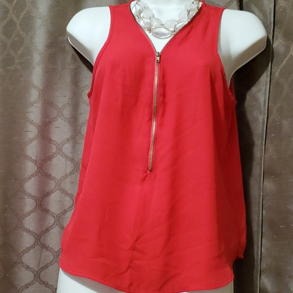 Ambiance Red Sleeveless Zip Front Blouse